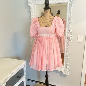 SALE New York Couture Vintage Pink Lace Cottagecore Puff Sleeve Dress